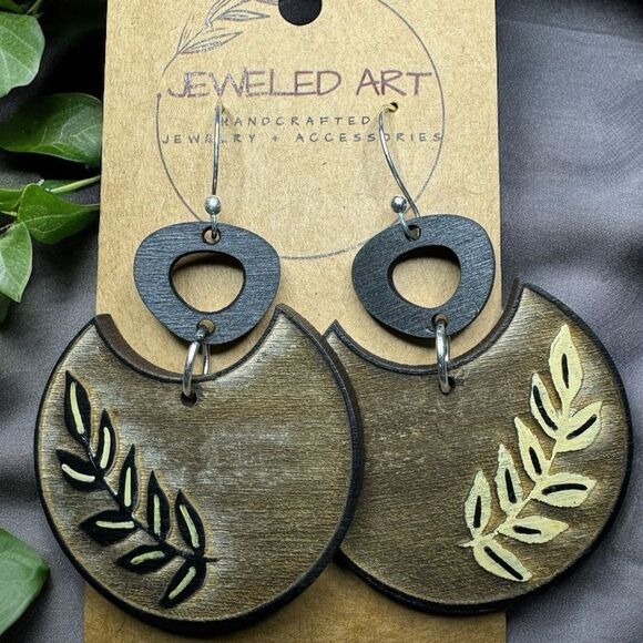 JEWELED ART Boho Dangle Leaf Handmade Painted Wood Earrings - Picture 3 of 3